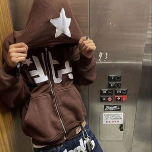 Star Letter Print Hoodie Men Fashion Zip Up Long Sleeve Jacket Harajaku